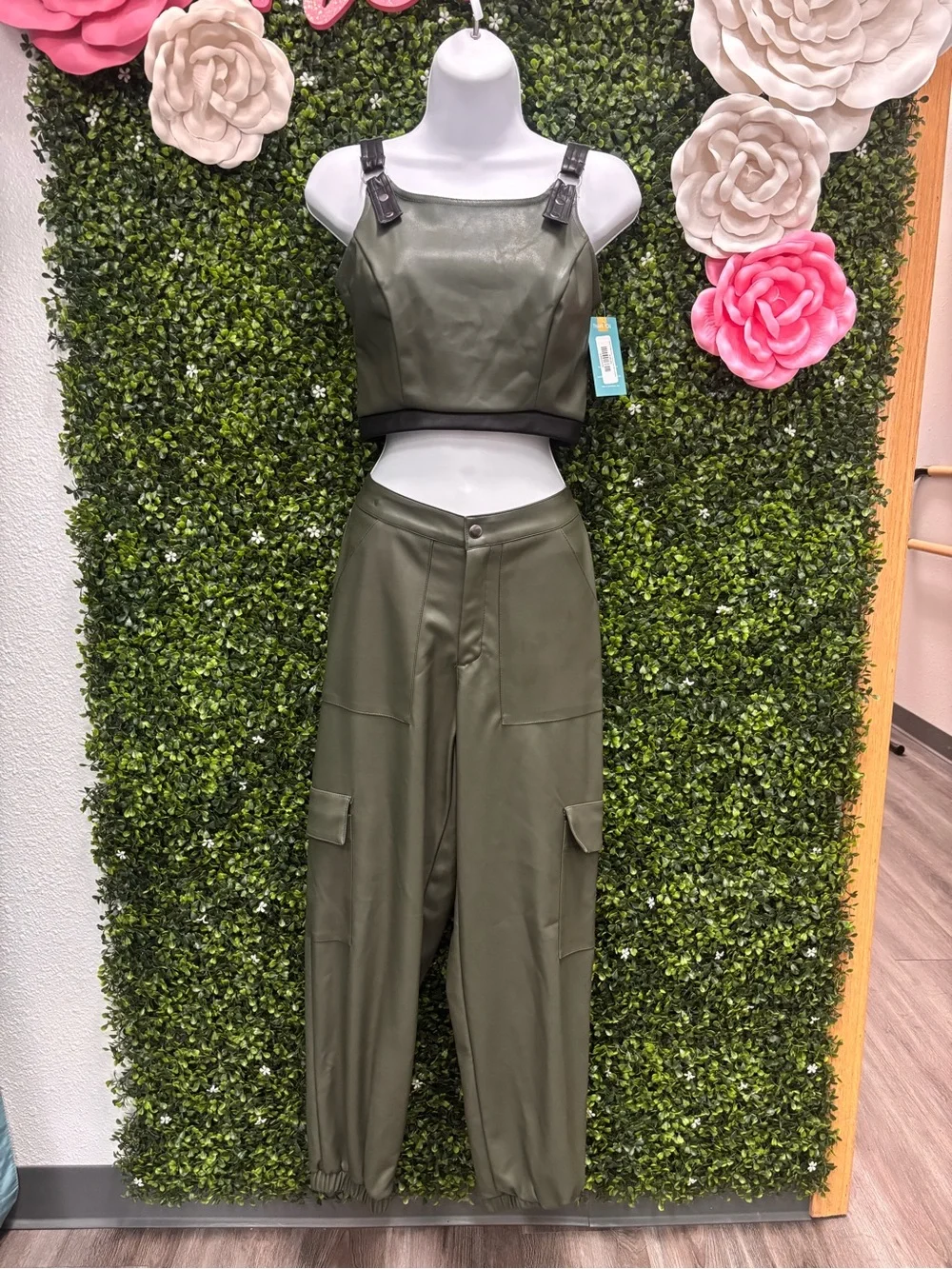 Weissman Olive Green Faux Leather Cargo Jumpsuit Set - Kids
